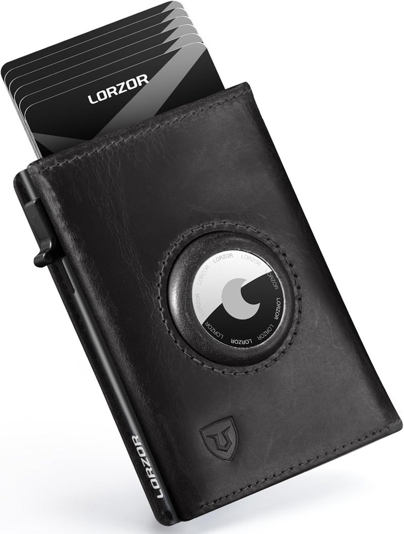 LORZOR AirTag Wallet - Full Grain Leather, Mens Minimalist Wallet with Apple Air Tag Holder, Slim Smart Pop up Card Case, ID Window, RFID Blocking, Front Pocket (AirTag Not Included) - Image 1